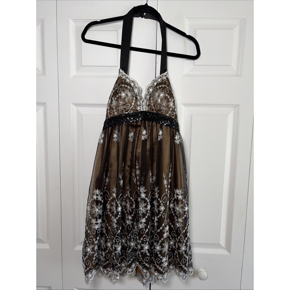 Lyndia Procanik Halter Dress Womens Size 4 Bronze Black Lace Sequin Y2K Vintage